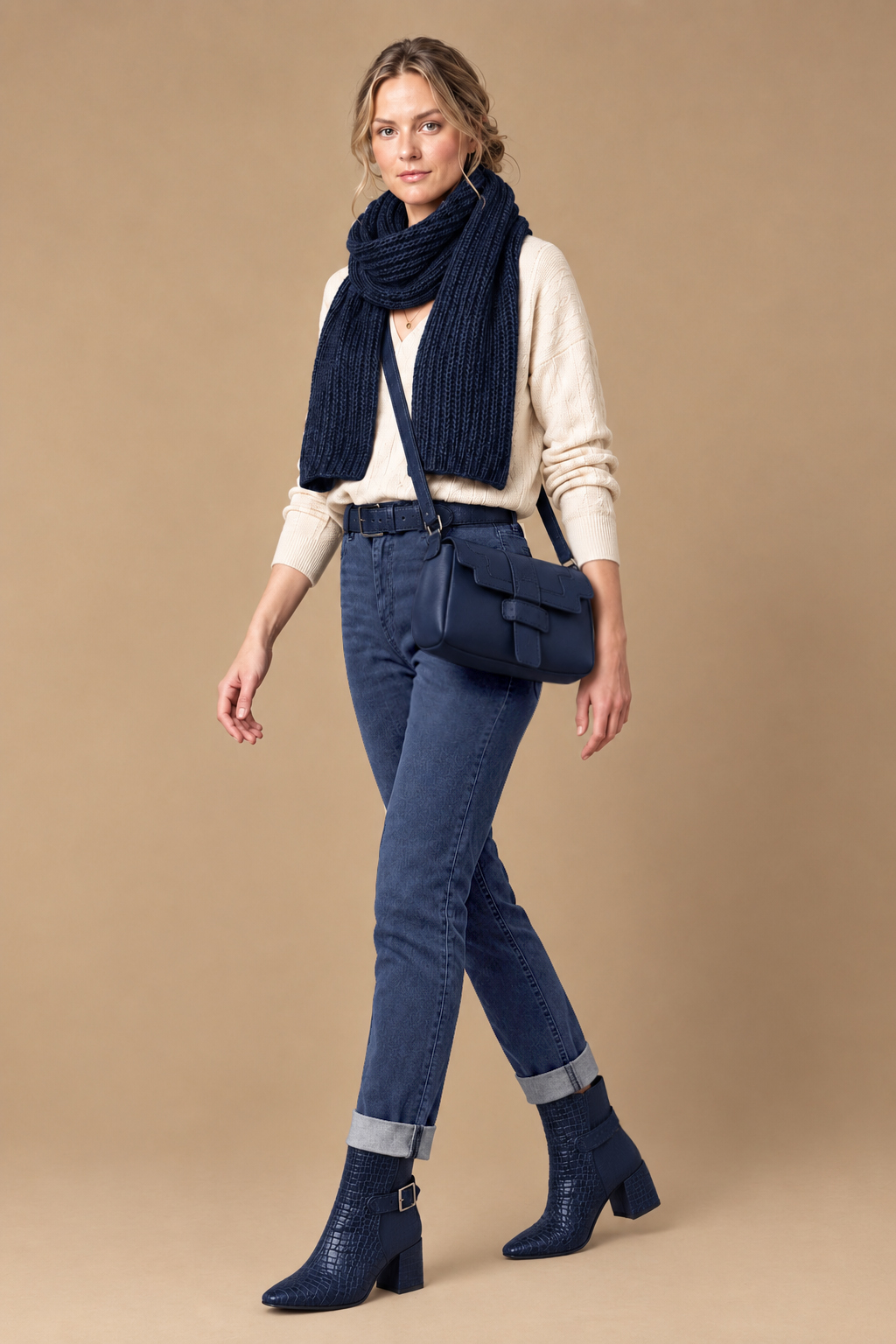 Dress ankle boots back buckles in navy blue leather with medium block heels and square toe - Top view
